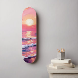 Roze Zonsondergang Paarse Oceaan Golven Waterverf Persoonlijk Skateboard