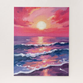 Roze Zonsondergang Paarse Oceaangolven Aquarel Legpuzzel