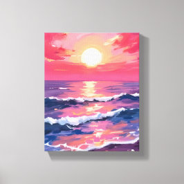 Roze Zonsondergang Paarse Oceaangolven Waterverf Canvas Afdruk
