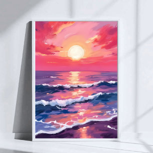 Roze Zonsondergang Paarse Oceaangolven Waterverf Poster