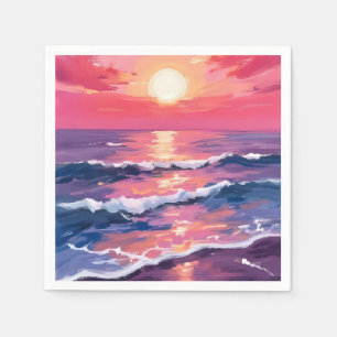 Roze Zonsondergang Paarse Oceaangolven Waterverf Servet