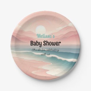 Roze Zonsondergang Rollende Golven Baby Shower Pap Papieren Bordje