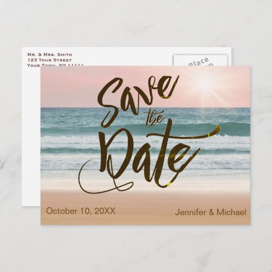Roze Zonsondergang Rustiek Strandzomer Save the Da Aankondigingskaart (Voorkant / Achterkant)