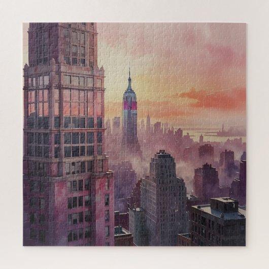 Roze zonsondergang stadsgezicht scene legpuzzel (Verticaal)