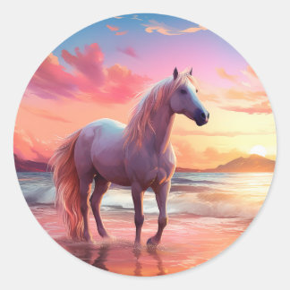 Roze Zonsondergang Strand Palomino Paard Sticker