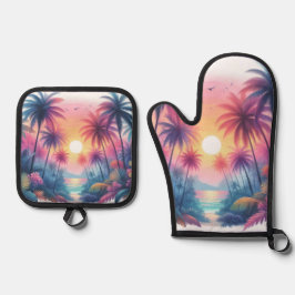 Roze Zonsondergang Tropische Strandpalmen Ovenwant & Pannenlap Set
