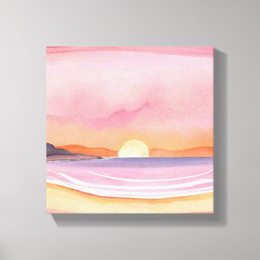 Roze zonsondergang | Waterverf Beach Sky Painting Canvas Afdruk (Voorkant)