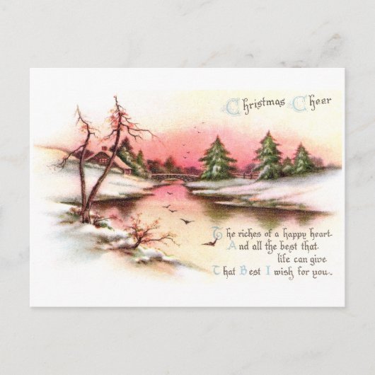 Roze Zonsondergang Winter Landschap Vintage Kerstm Feestdagenkaart (Voorkant)