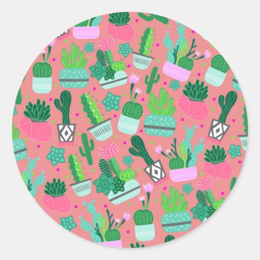 Roze Zuidwestelijke Cactuspatroon Zoete 16 Feest Ronde Sticker (Voorkant)