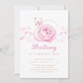 Roze Zwaan Bloemen Eerste Verjaardag Uitnodiging (Voorkant)