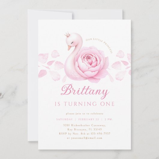 Roze Zwaan Bloemen Eerste Verjaardag Uitnodiging (Voorkant)