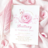 Roze Zwaan Bloemen Eerste Verjaardag Uitnodiging