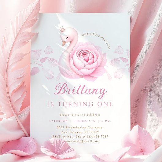 Roze Zwaan Bloemen Eerste Verjaardag Uitnodiging