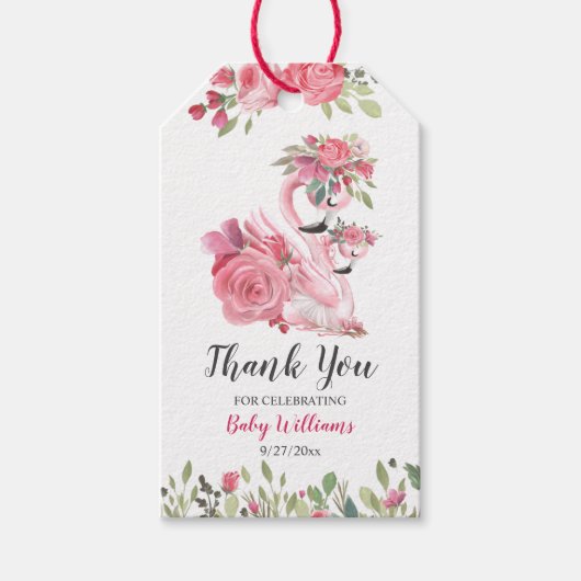 Roze Zwaan en Rozen Baby shower Dank u Label Cadeaulabel (Voorkant)