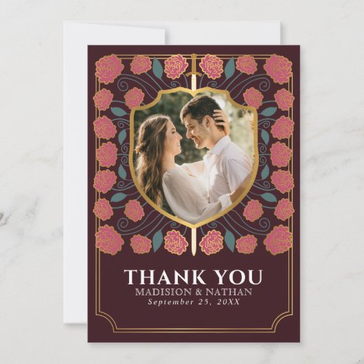 Roze Zwaard & Schild Middeleeuwse Fantasy Wedding Bedankkaart (Voorkant)