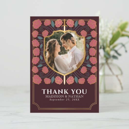 Roze Zwaard & Schild Middeleeuwse Fantasy Wedding Bedankkaart (Staand voorkant)