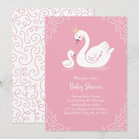 Roze Zwanen Baby shower Vogel met Kroon Kaart (Voorkant / Achterkant)