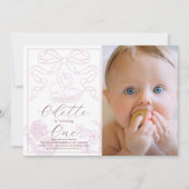 Roze Zwanen Toile de Jouy Meisje Foto 1e Verjaarda Kaart (Voorkant)