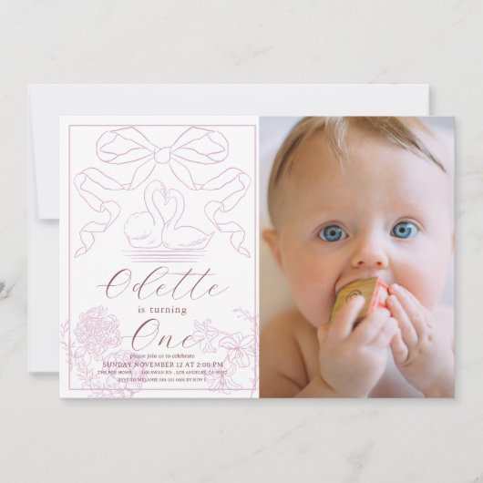 Roze Zwanen Toile de Jouy Meisje Foto 1e Verjaarda Kaart (Voorkant)