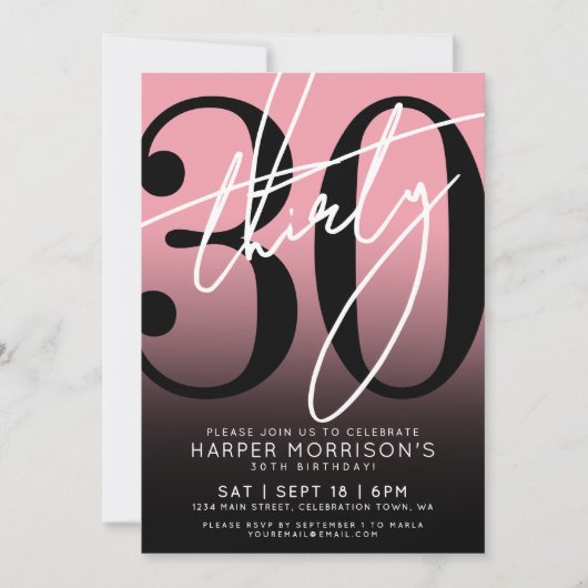 Roze Zwart 30e verjaardag Uitnodiging (Voorkant)