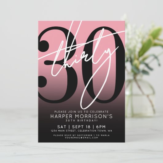 Roze Zwart 30e verjaardag Uitnodiging (Staand voorkant)