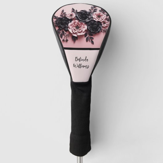 Roze Zwart 3D Bloemen Monogram Golfheadcover (Voorkant)