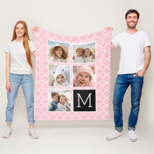 Roze & Zwart - 5 Foto Collage Monogram Fleece Deken