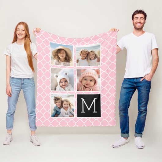 Roze & Zwart - 5 Foto Collage Monogram Fleece Deken (In situ)