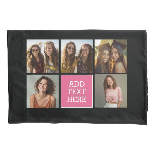 Roze Zwart 5 Fotocollage met Tekst Kussensloop (Voorkant)