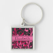Roze Zwart Abstract Bloemen Custom Naam Sleutelhan Sleutelhanger (Voorkant)