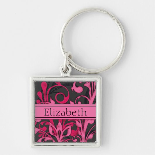 Roze Zwart Abstract Bloemen Custom Naam Sleutelhan Sleutelhanger (Voorkant)