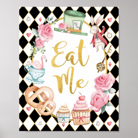 Roze Zwart Alice in Wonderland EAT ME Party Sign Poster (Voorkant)
