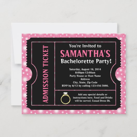 Roze/ Zwart Bachelorette Party Ticket Uitnodiging (Voorkant)