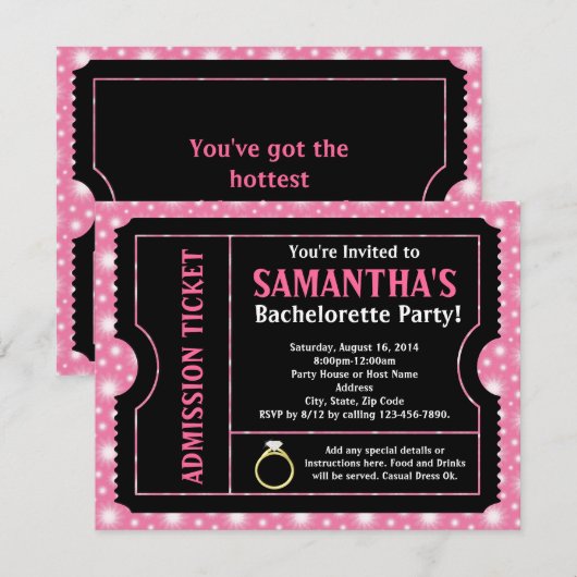Roze/ Zwart Bachelorette Party Ticket Uitnodiging (Voorkant / Achterkant)