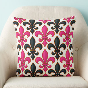 Roze Zwart Barok Fleur-de-lis Patroon Ontwerp Kussen