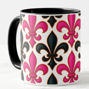 Roze Zwart Barok Fleur-de-lis Patroon Ontwerp  Mok
