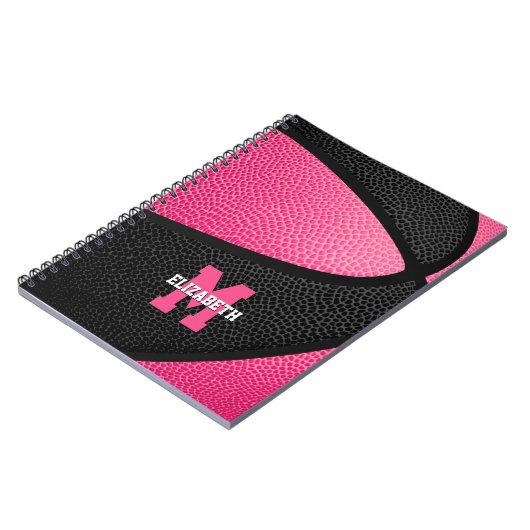 roze zwart basketbal meisjes monogram notitieboek (Linkerzijde)