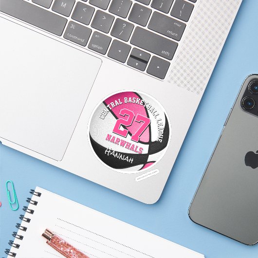 Roze Zwart Basketbal Team Kleuren Meisjes Team Naa Sticker (Laptop met iPhone)