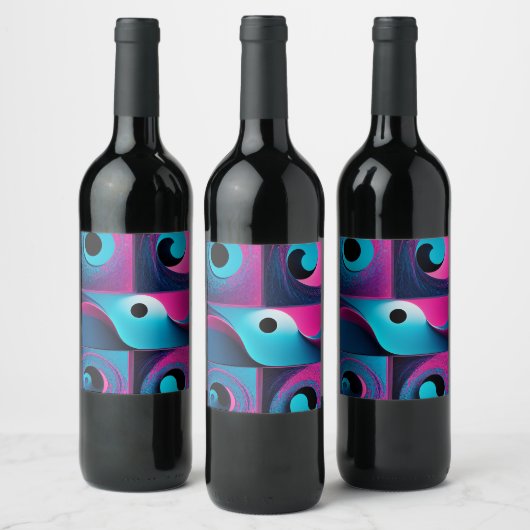 Roze Zwart Blauw Geometrisch Wijn Etiket (Flessen)