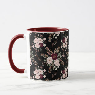 Roze Zwart Bourgondië Waterverf Bloemen Mok