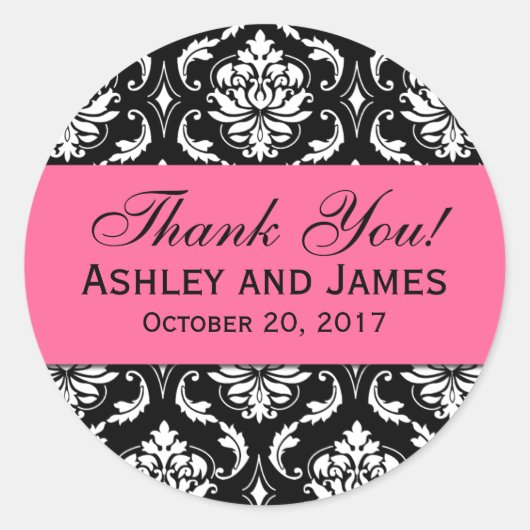 Roze, Zwart Bruiloft Damask Dank u Label (Voorkant)