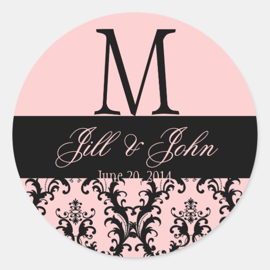 Roze Zwart Bruiloft Monogram Opslaan Datum Damast  Ronde Sticker (Voorkant)