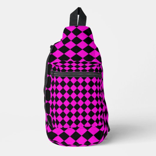 Roze Zwart Checker Diamant Patroon Sling Bag (Voorkant)