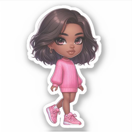 roze zwart chibi meisje sticker (Voorkant)