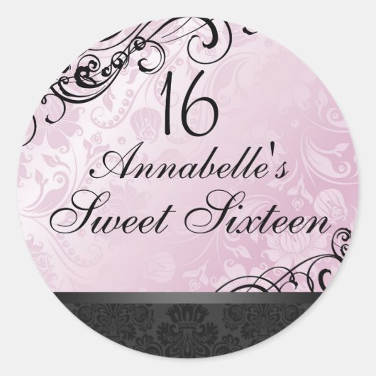 Roze & Zwart Chic Bloemen Damask Sweet16 Sticker (Voorkant)