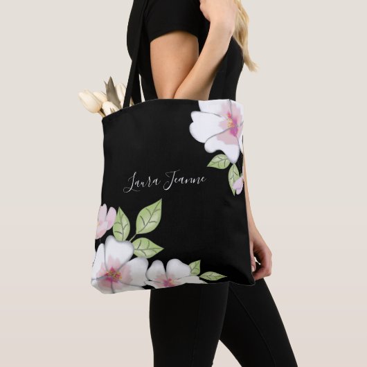 Roze Zwart Custom Bloemen Botanische Kersen Bloese Tote Bag (Dichtbij)