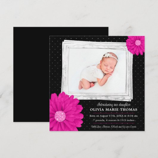 Roze Zwart Daisy Meisje Foto Geboorte Aankondiging (Voorkant / Achterkant)