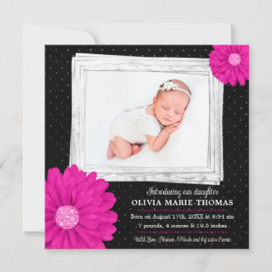 Roze Zwart Daisy Meisje Foto Geboorte Aankondiging