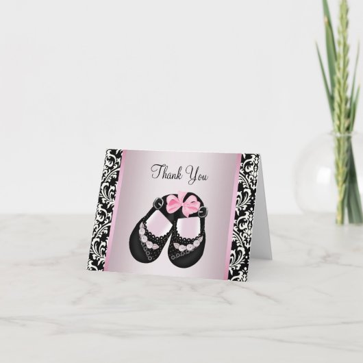 Roze Zwart Damask Baby Meisje Douche Dank u Bedankkaart (Voorkant)