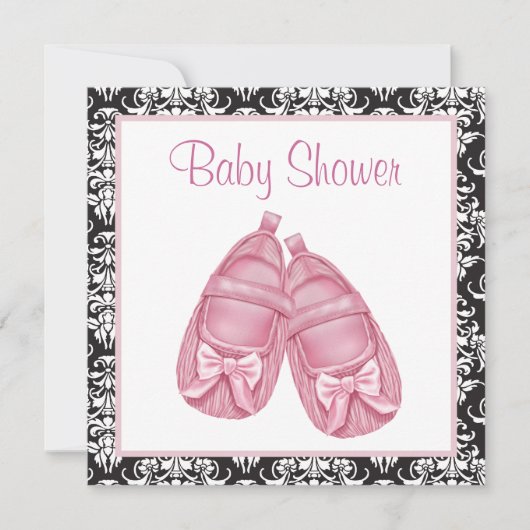 Roze Zwart Damask Baby Meisje Douche Kaart (Voorkant)